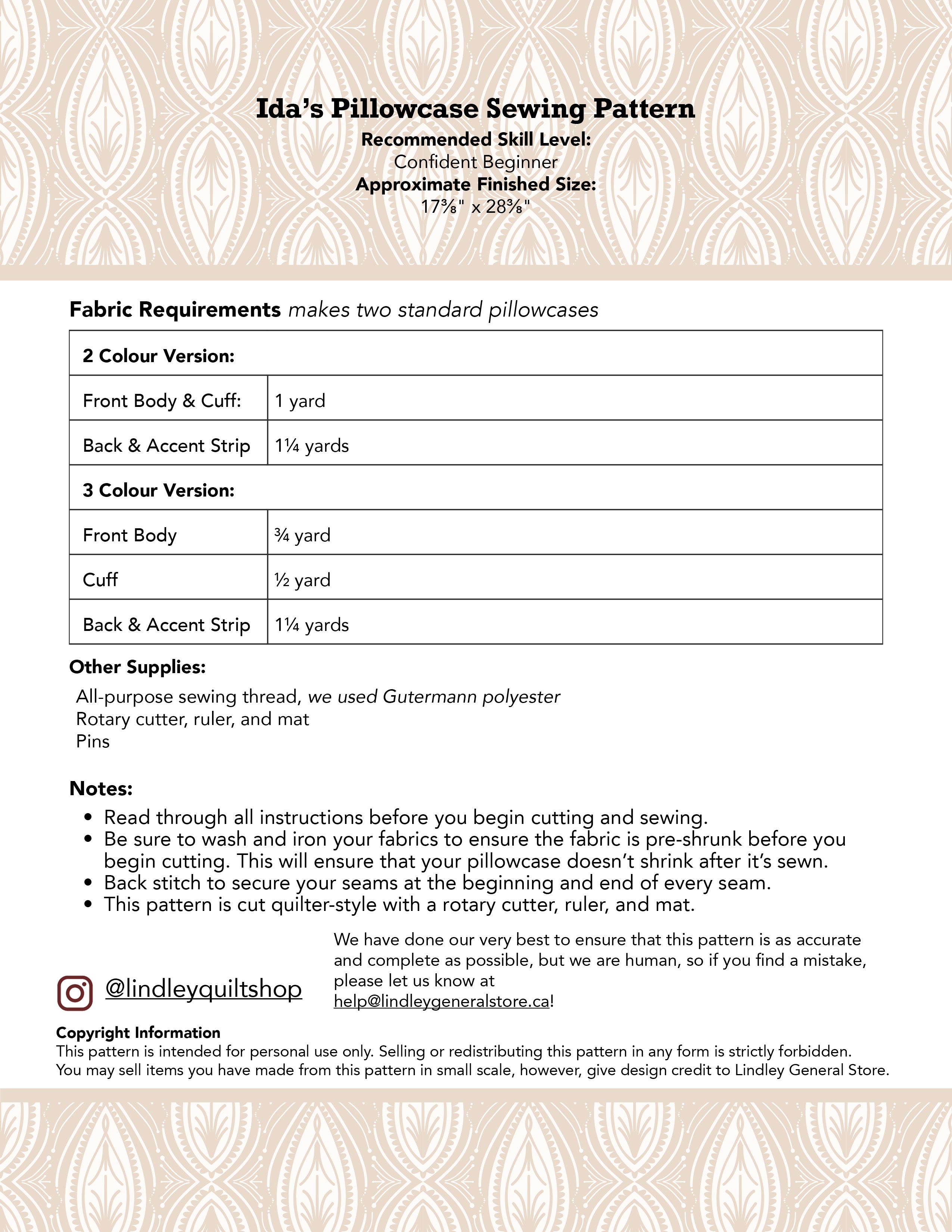 Ida's Pillowcase Sewing Pattern - pdf