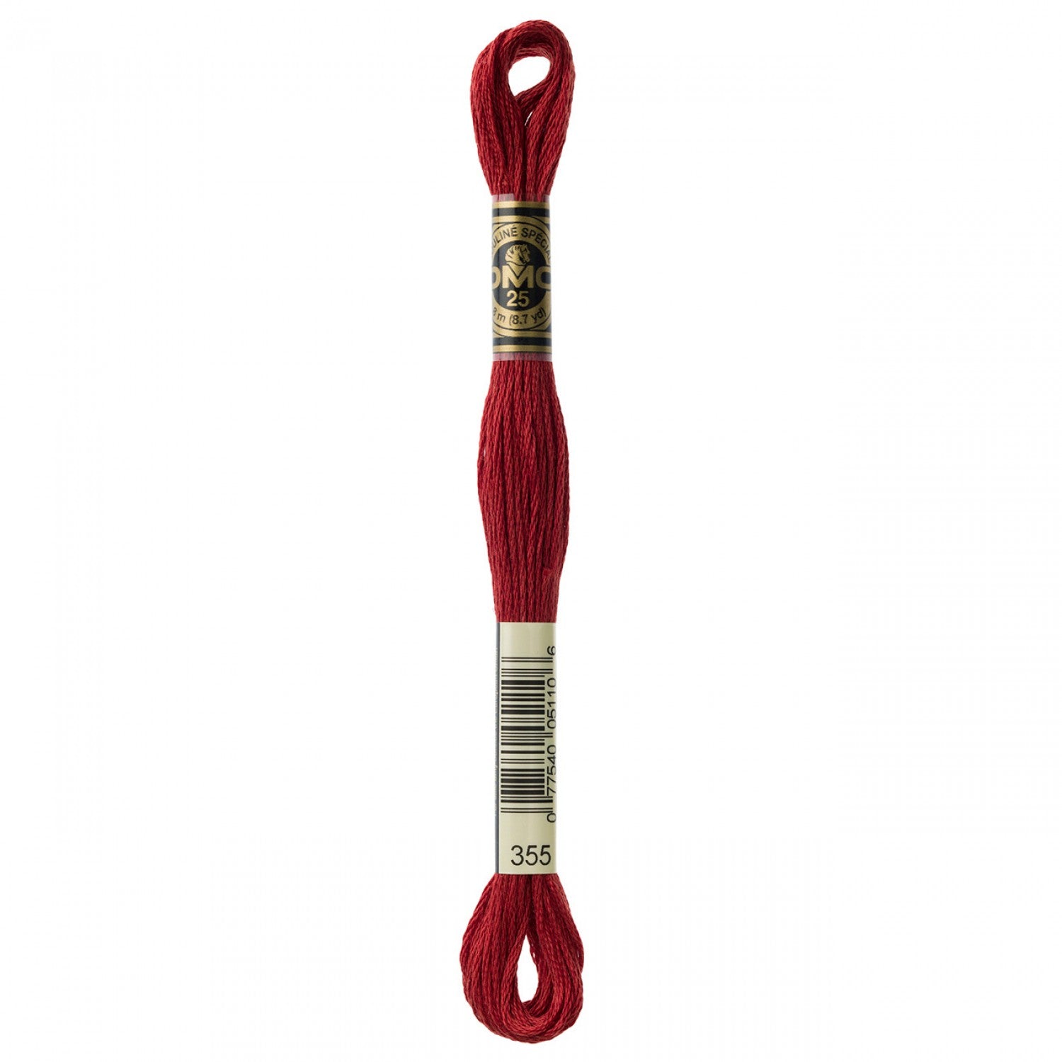 A skein of DMC embroidery floss in colour 355, dark terra cotta, displayed against a white background.