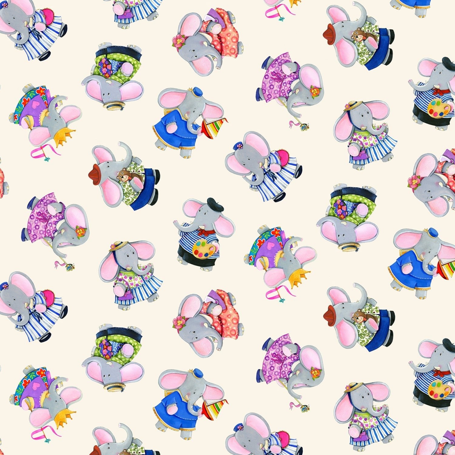Elizabeth's StudioElephant Friends Quilt Fabric Tossed CreamFabric