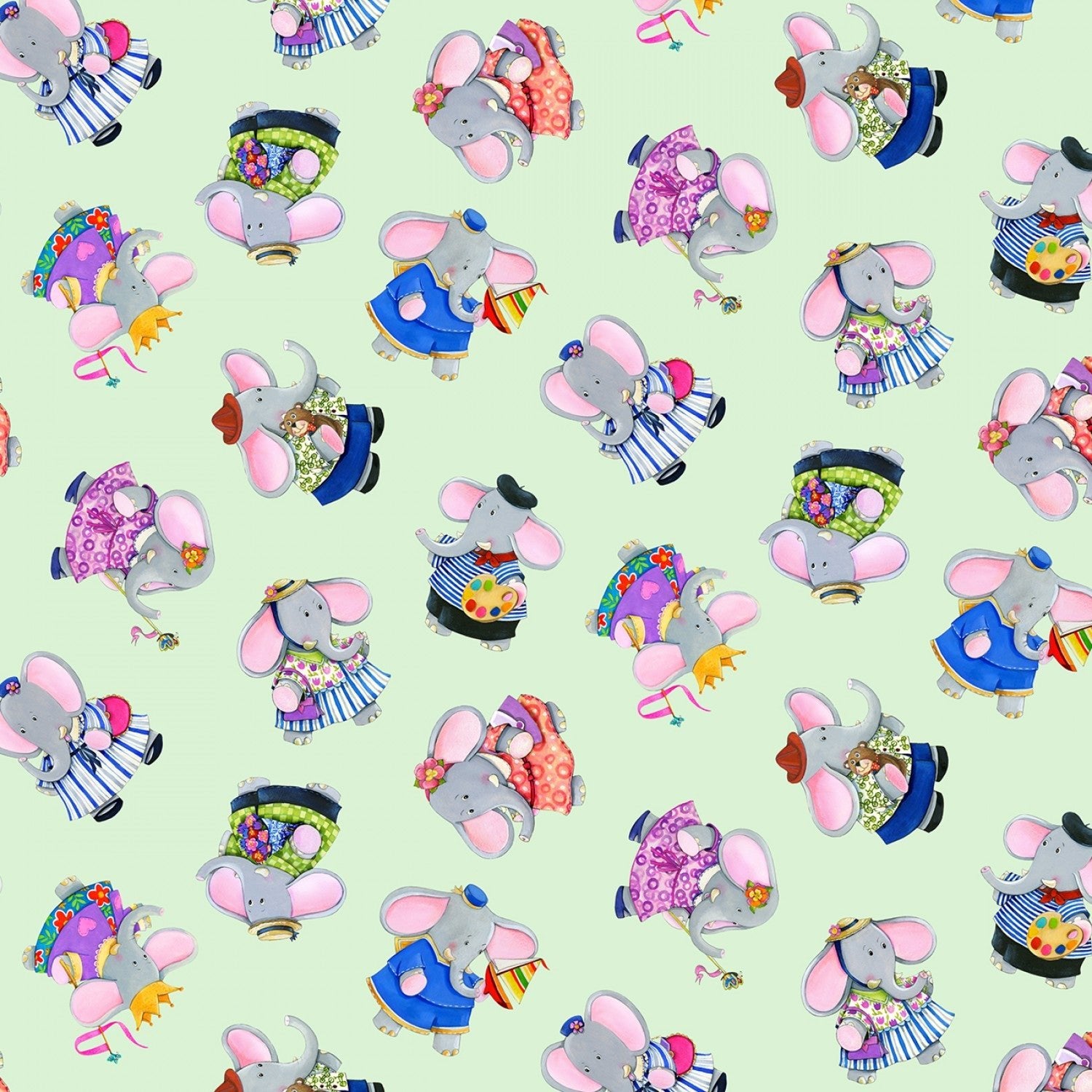 Elizabeth's StudioElephant Friends Quilt Fabric Tossed JadeFabric