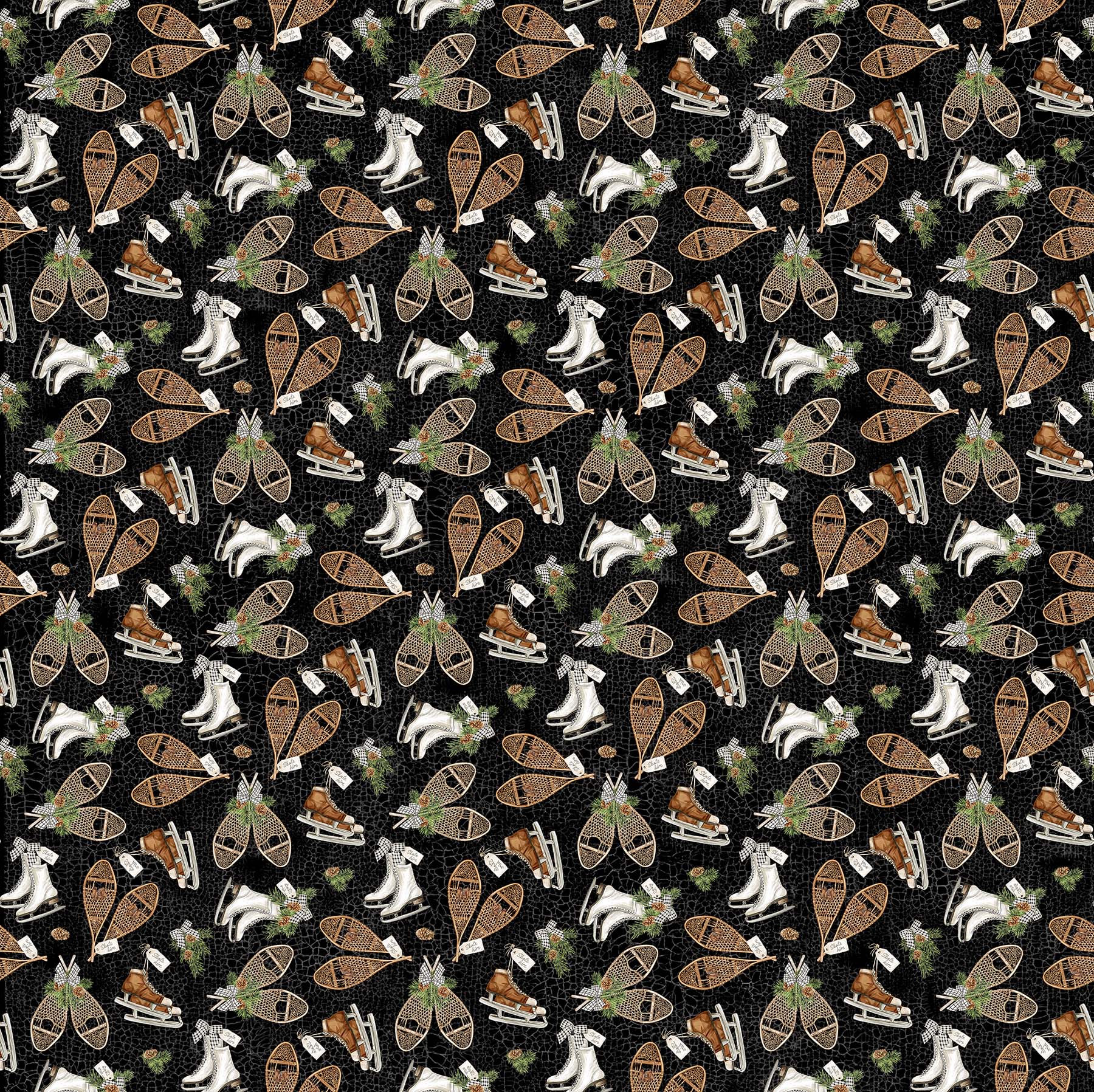 NorthcottAlpine Winter Quilt Fabric Skates and Snowshoe BlackFabric