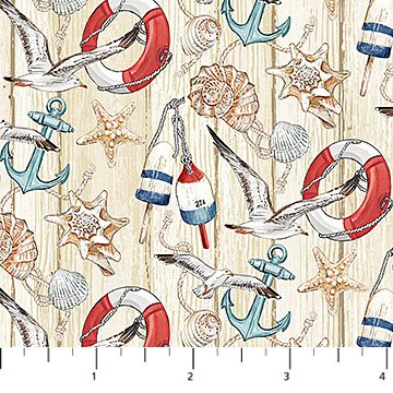 NorthcottBeach Therapy Quilt Fabric Seagulls and Lifesavers TanFabric