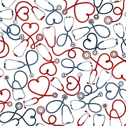 Studio EEssential Heroes Quilt Fabric Stethoscopes WhiteFabric