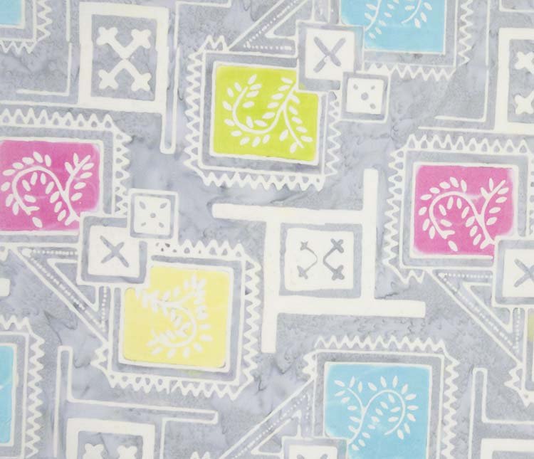 Banyan BatiksFloral Boxes Batik Fabric Framed Foliage Lt GreyFabric