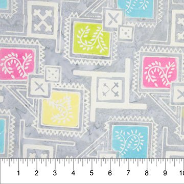 Banyan BatiksFloral Boxes Batik Fabric Framed Foliage Lt GreyFabric