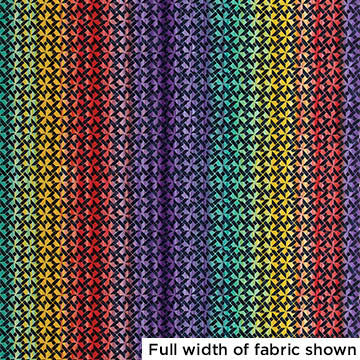 A quilt-inspired batik fabric featuring a windmill pattern in multiple colours including purple, green, yellow, and red.