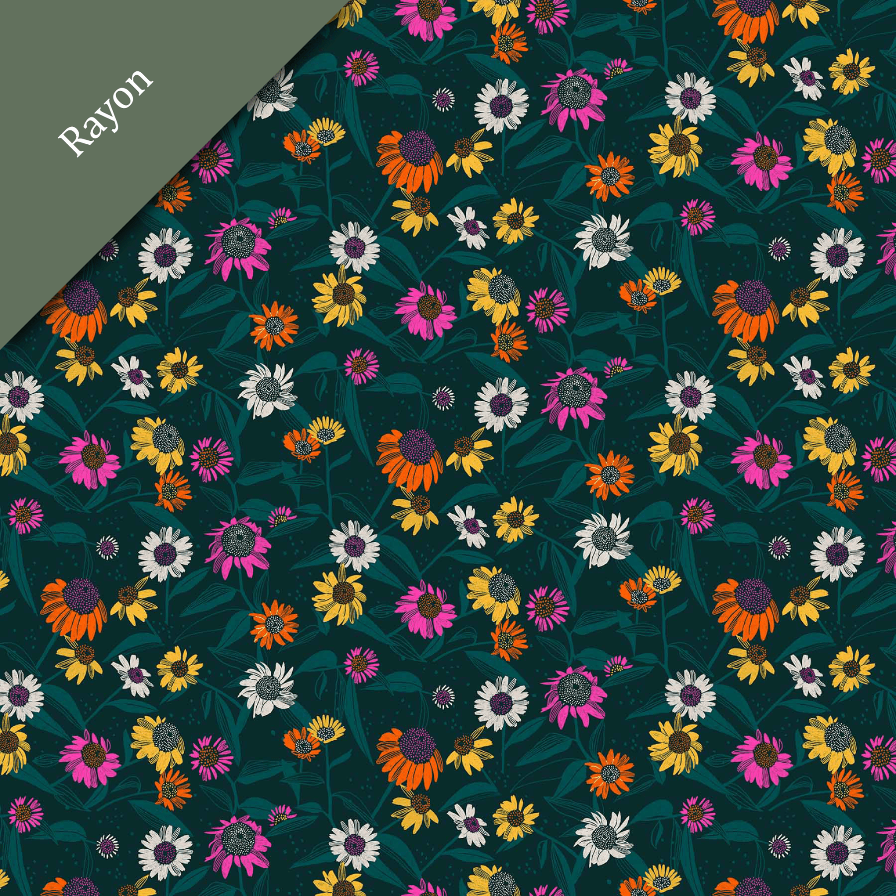 FIGO FabricsFlora RAYON Coneflowers Dk GreenFabric