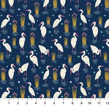 FIGO FabricsPond Tales Egrets NavyFabric