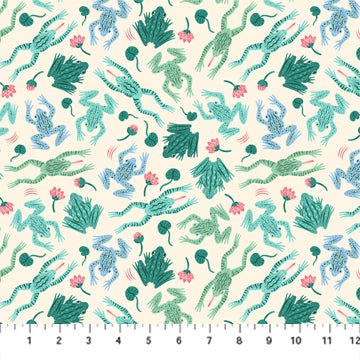 FIGO FabricsPond Tales Quilt Fabric Frogs MintFabric
