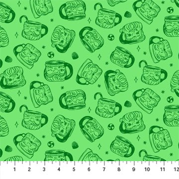 FIGO FabricsMerry Kitchmas Quilt Fabric Santa Mugs GreenFabric