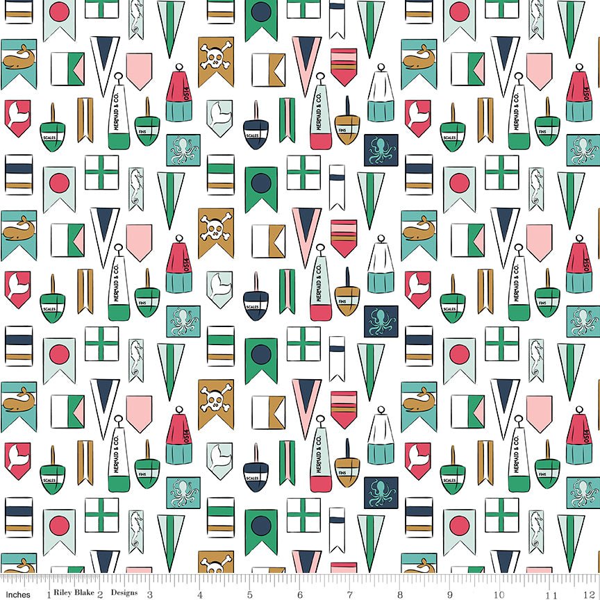 Riley Blake DesignsAhoy Mermaids Quilt Fabric Flags WhiteFabric