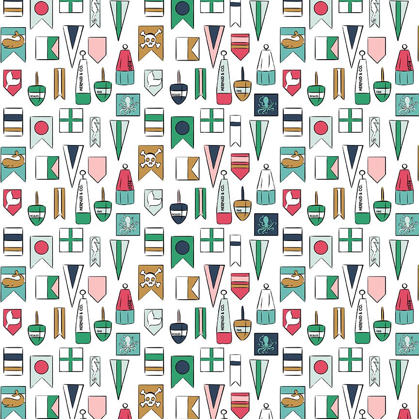 Riley Blake DesignsAhoy Mermaids Quilt Fabric Flags WhiteFabric