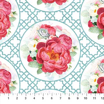 NorthcottBlossoming Beauties Quilt Fabric Framed Roses TurquoiseFabric