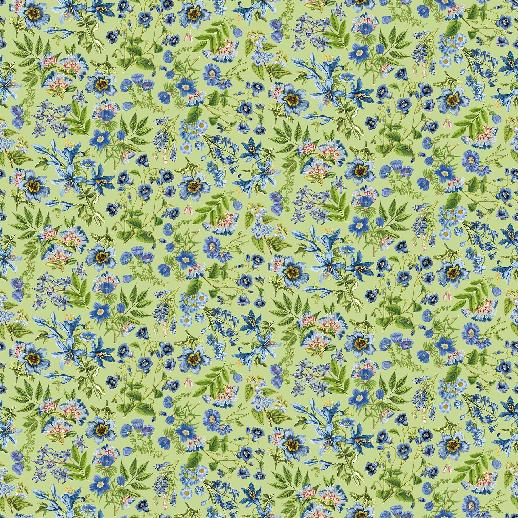 A fabric featuring a small floral pattern with blue and green colours on a green background.