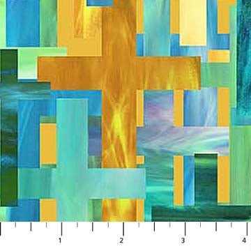 NorthcottSpirit of Love Quilt Fabric Stained Glass Crosses YellowFabric