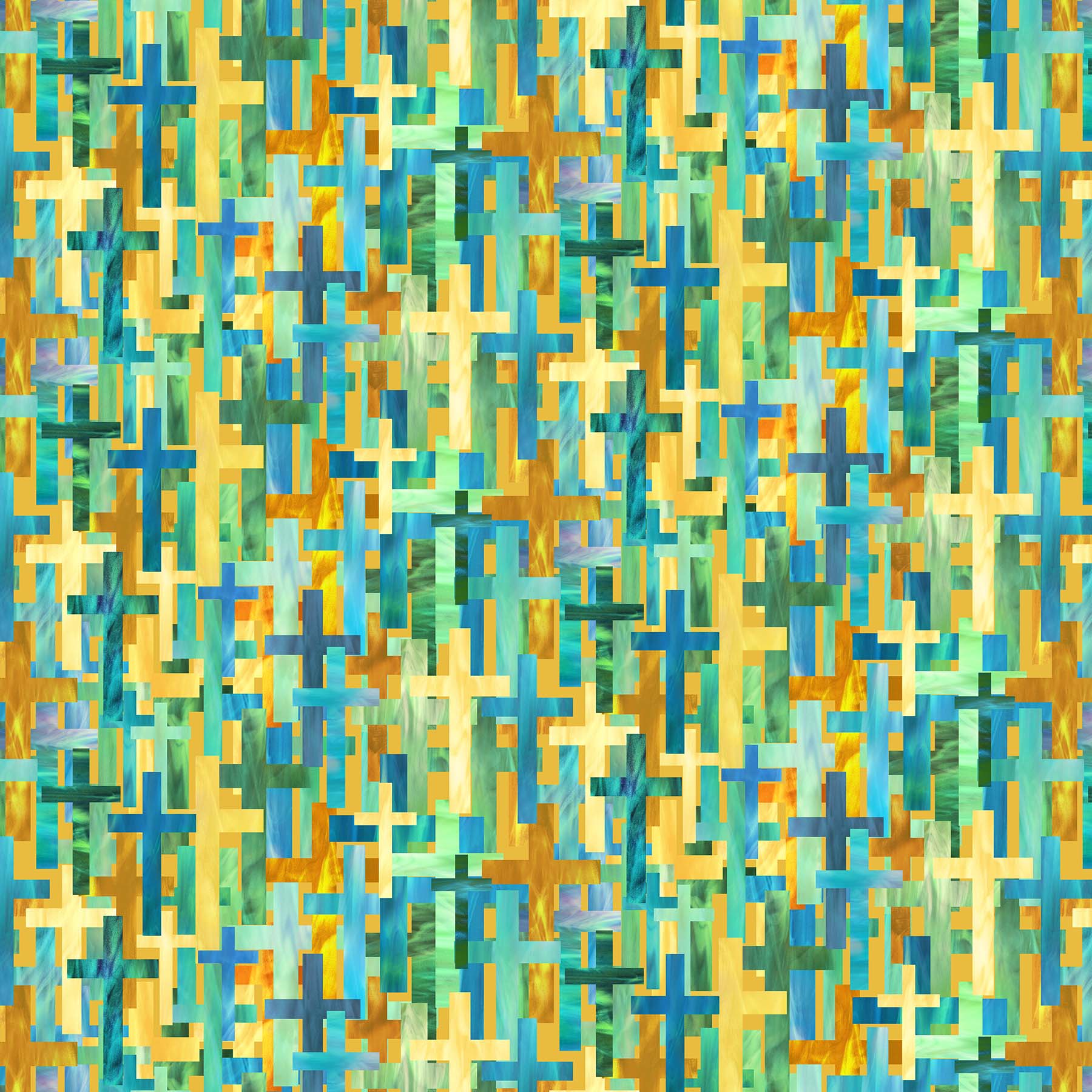 NorthcottSpirit of Love Quilt Fabric Stained Glass Crosses YellowFabric