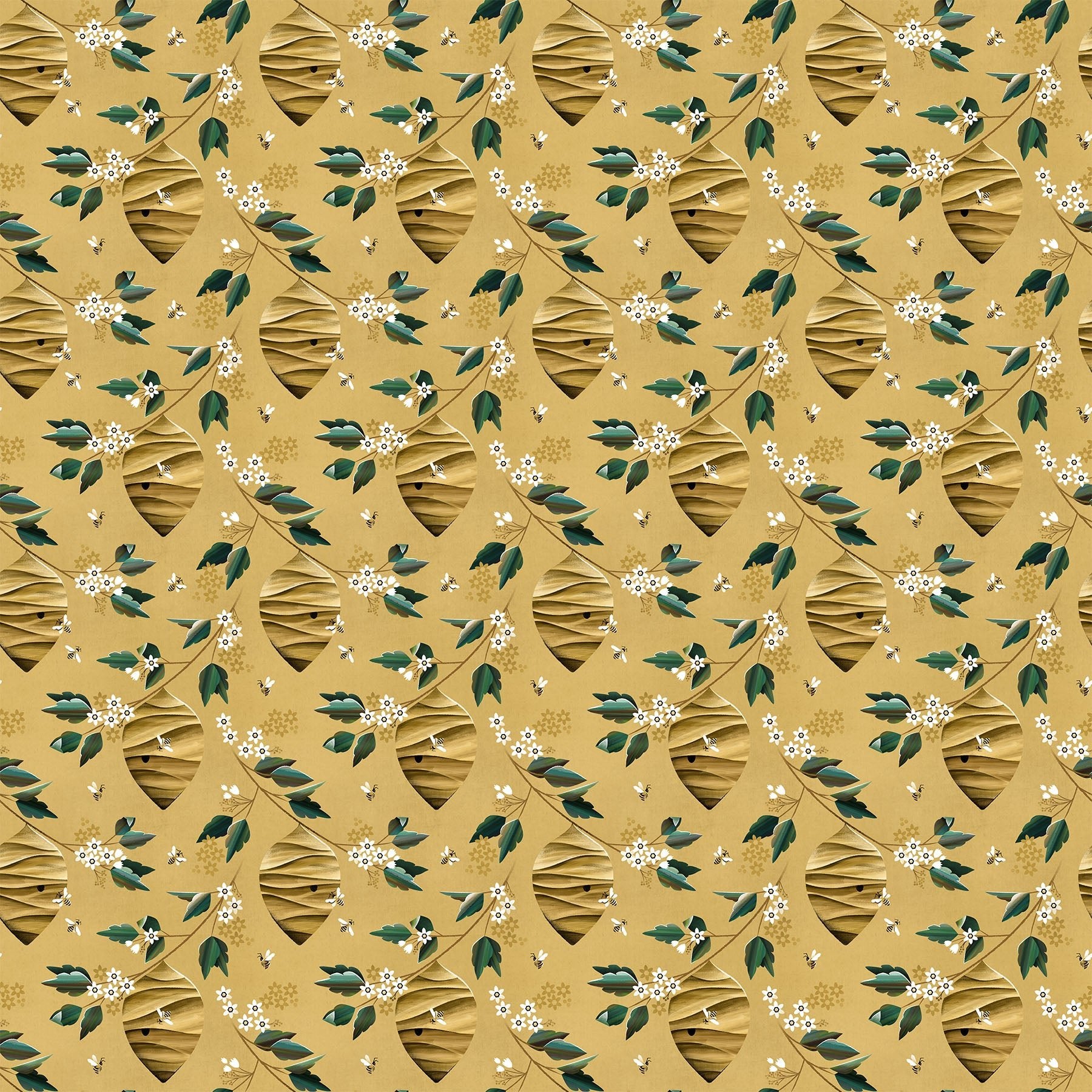 FIGO FabricsHoney Bloom Beehives GoldFabric