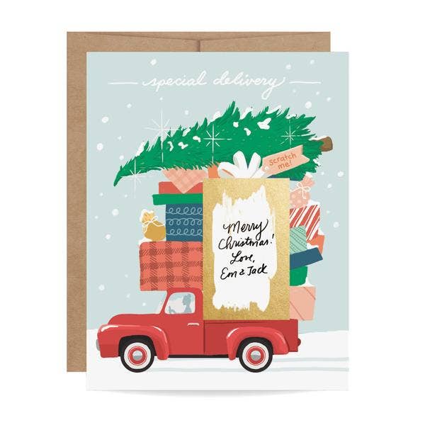 A greeting card with a Christmas theme, featuring a red truck loaded with gifts and a Christmas tree, alongside text that reads 'SPECIAL DELIVERY' and 'Merry Christmas'.