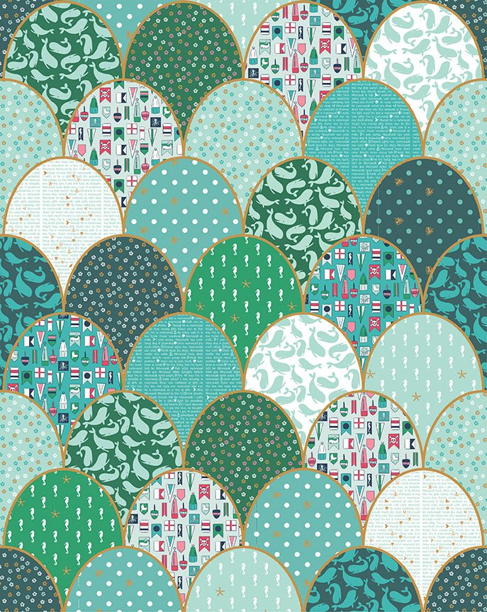 Riley Blake DesignsAhoy Mermaids Clamshell Quilt Fabric Panel GreenFabric Panel