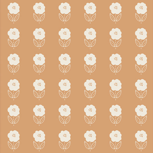A swatch of quilting cotton fabric in tan colour with a pattern of white flowers and leaves.