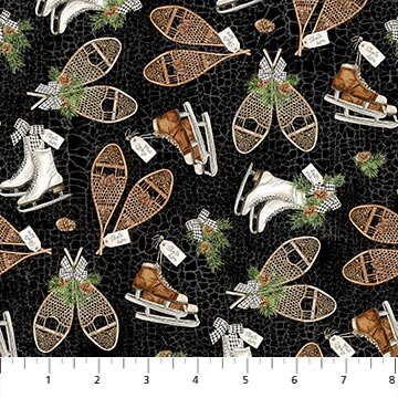 NorthcottAlpine Winter Quilt Fabric Skates and Snowshoe BlackFabric