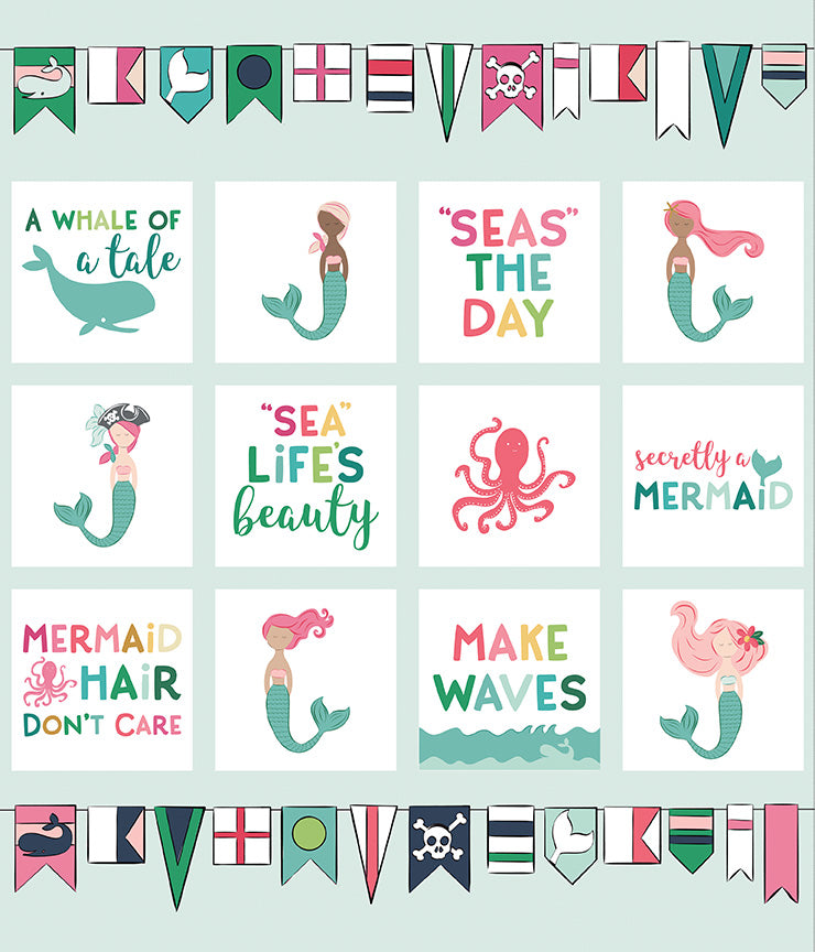 Birthday Celebration Baby Mermaids Quilt Fabric Panel. - Vintage Mermaid  Web Store