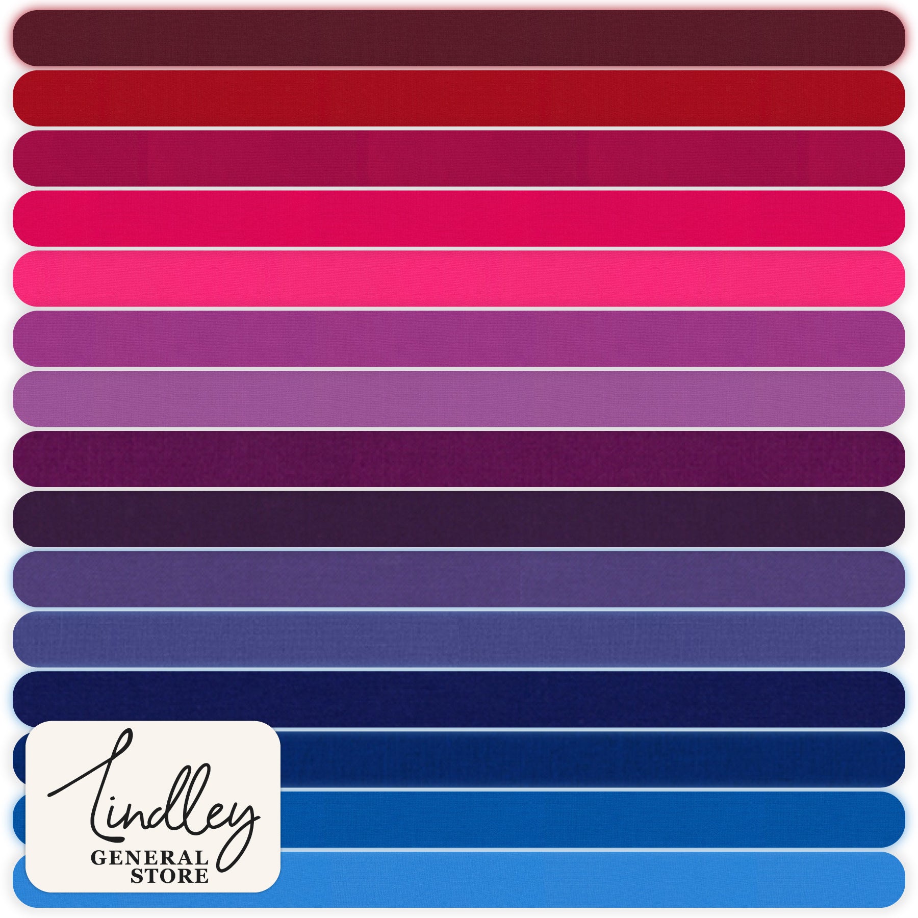Color swatch gradient from red to blue with Lindley General Store logo.