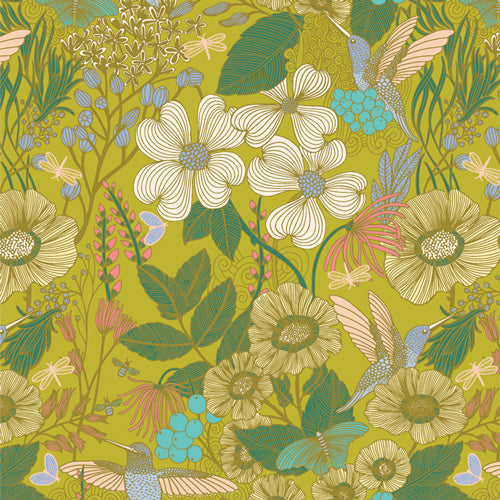 Colourful floral and hummingbird pattern on a green background