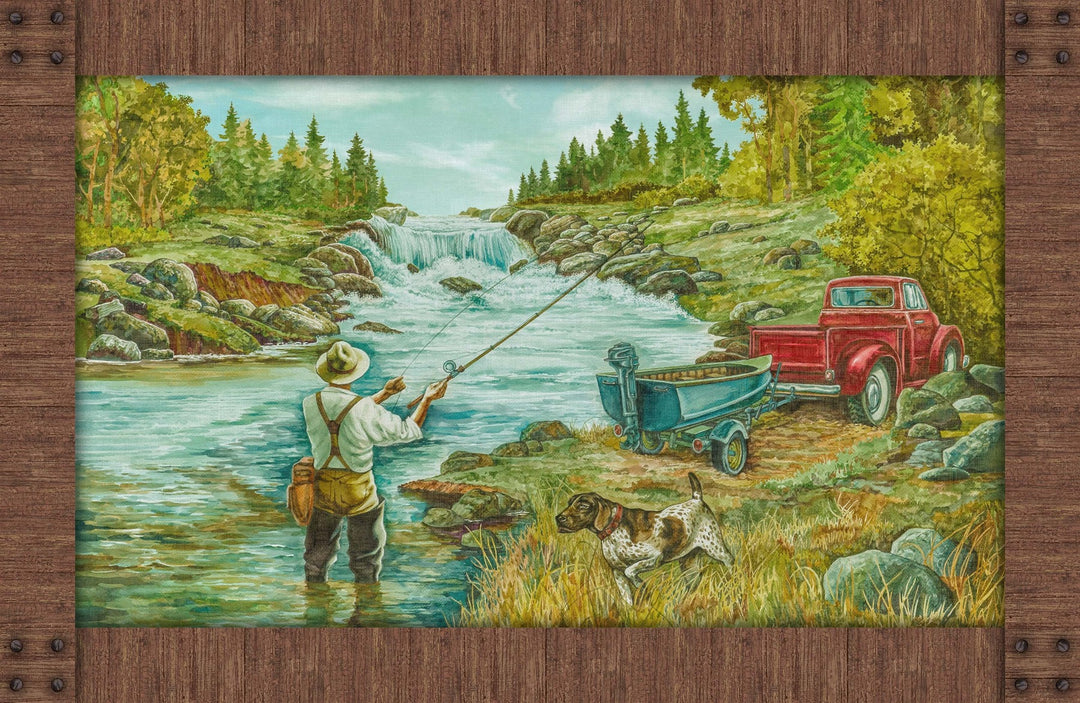 Rod and Reel by Deborah Edwards for Northcott Fabric Panel Quilt Fabric Fishing Bass Trout Brown Green (4435505872941)