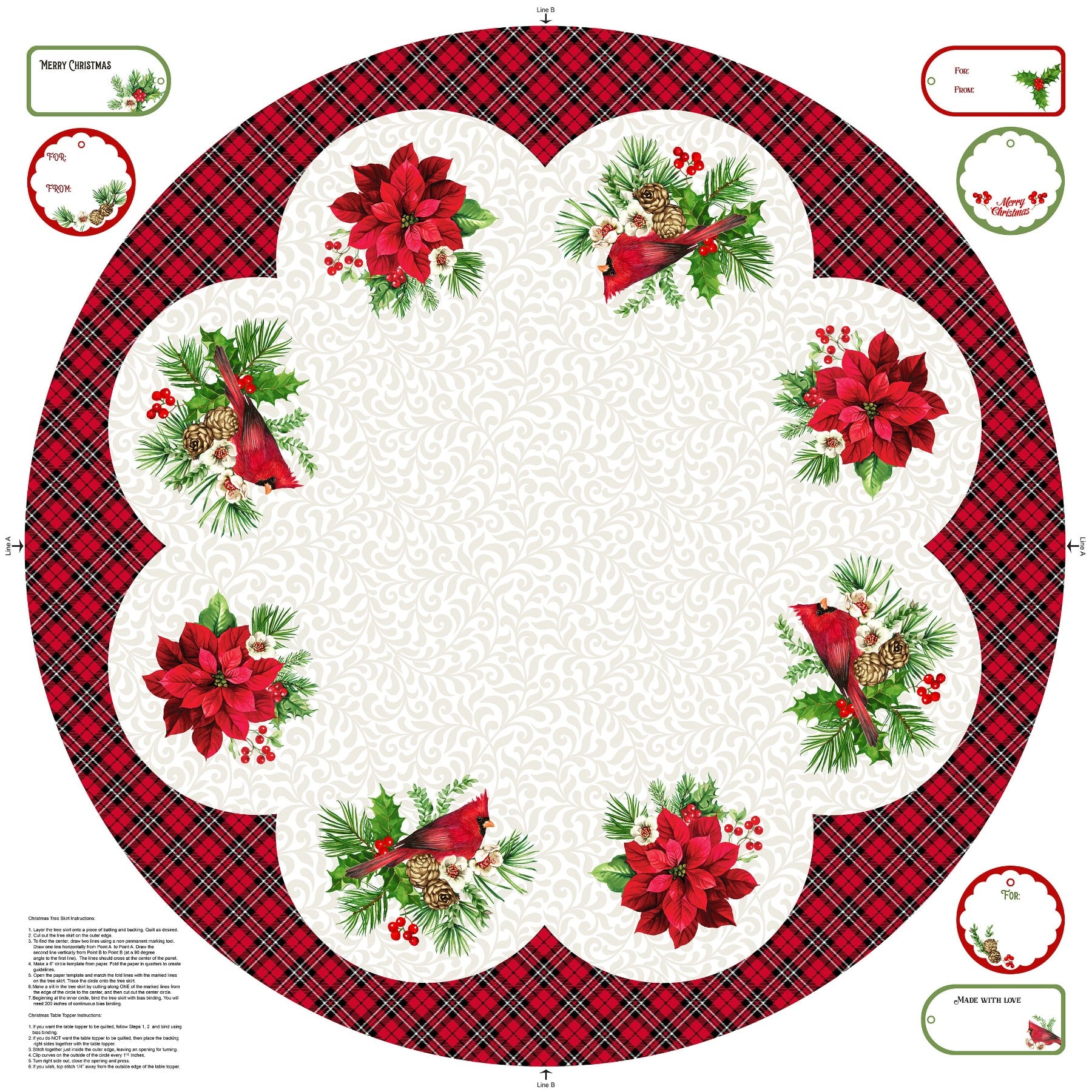 Cardinal Christmas Tree Skirt Fabric Panel